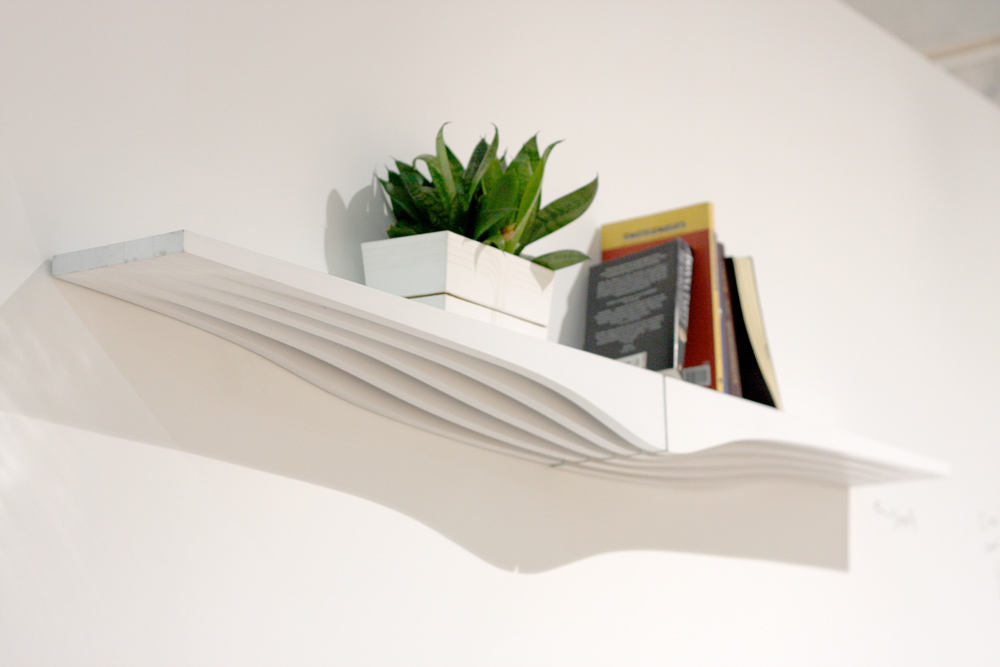 A pair of white countour shelves affixed to a white wall, holding a small potted plant and some books.